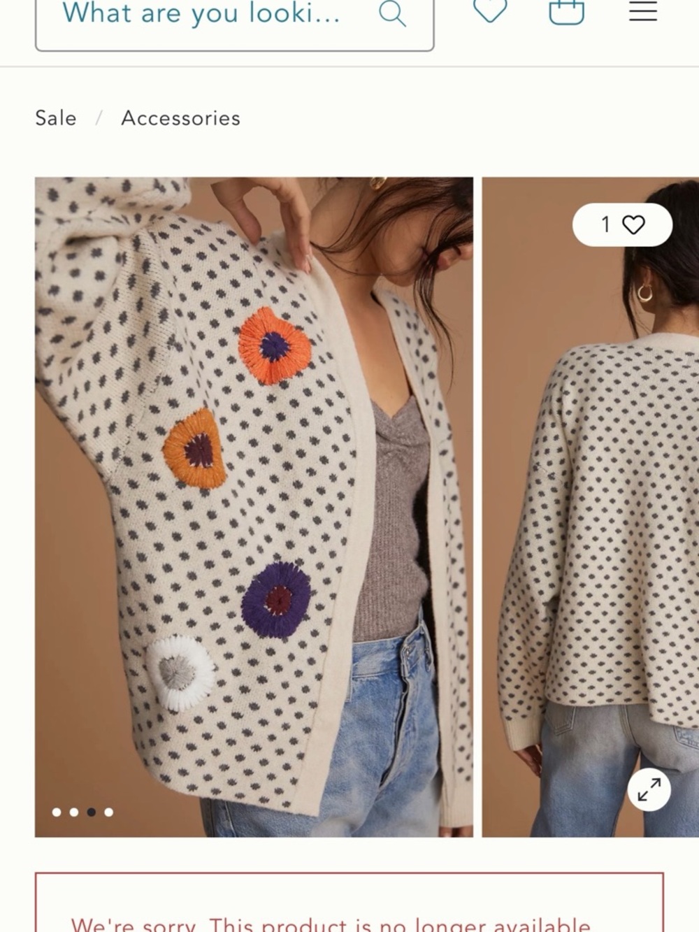 Anthropologie Cream Cardigan with Navy Dot Pattern and Floral Embroidery